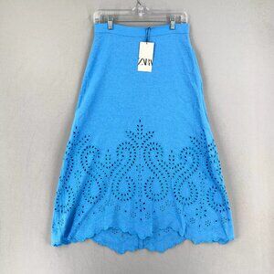 NWT Zara Eyelet Embroidered Linen Midi Skirt